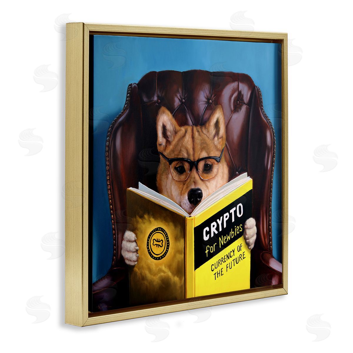 Lucia Heffernan Crypto For Newbies Funny Dog Reading Book Armchair  Gold Floating Frame Canvas Wall Art Print