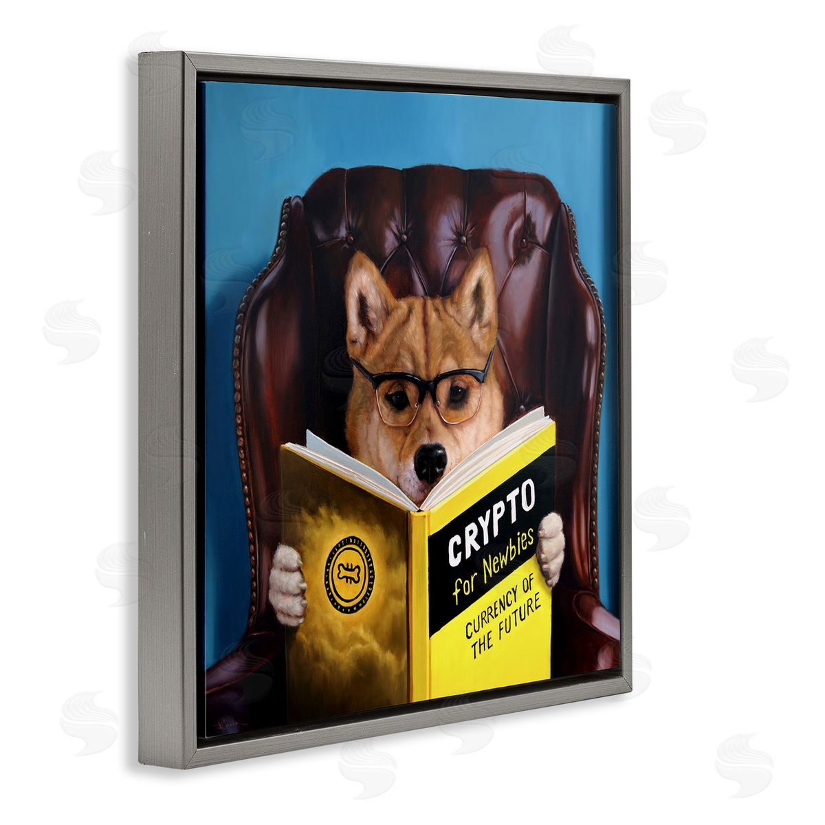 Lucia Heffernan Crypto For Newbies Funny Dog Reading Book Armchair  Gray Floating Frame Canvas Wall Art Print