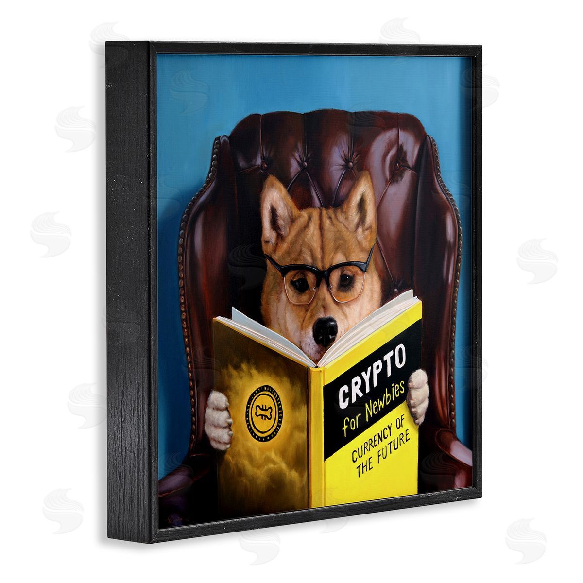 Lucia Heffernan Crypto For Newbies Funny Dog Reading Book Armchair  Black Framed Glicee Wall Art Print