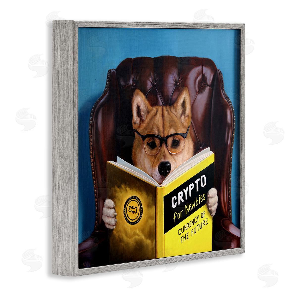 Lucia Heffernan Crypto For Newbies Funny Dog Reading Book Armchair  Gray Framed Glicee Wall Art Print