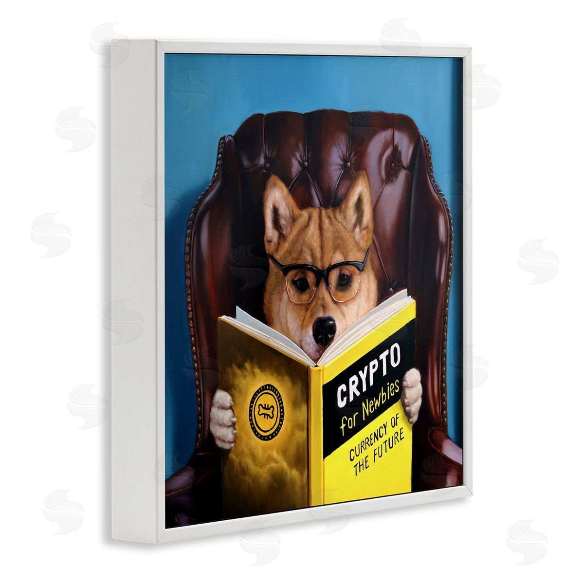 Lucia Heffernan Crypto For Newbies Funny Dog Reading Book Armchair  White Framed Glicee Wall Art Print