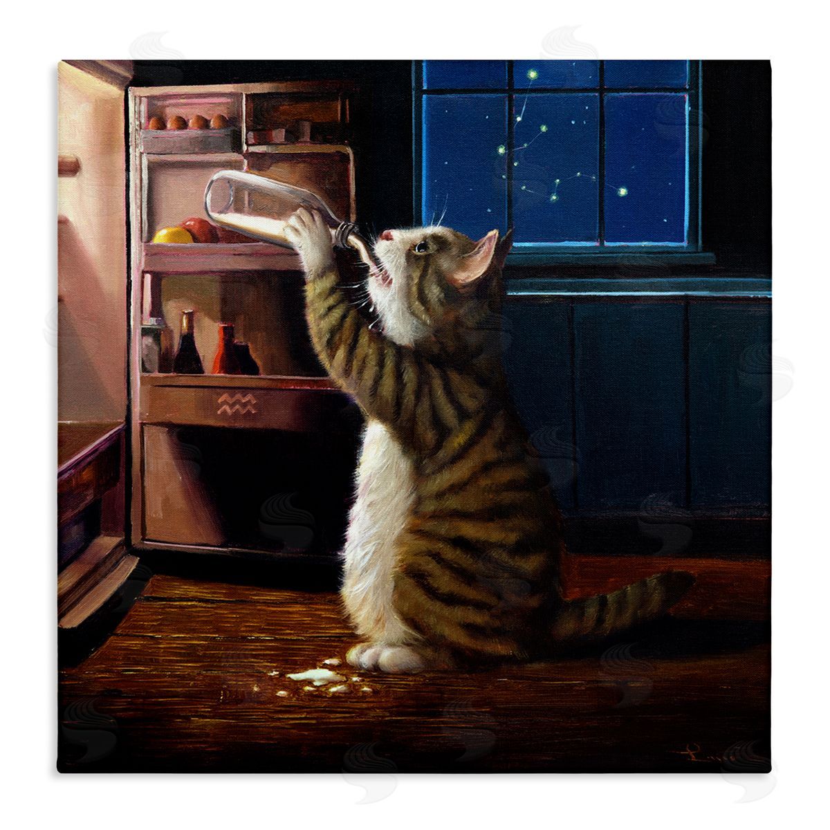 Lucia Heffernan Midnight Snack Cat Drinking Milk Kitchen Aquarius Symbol Stretched Canvas Wall Art Print