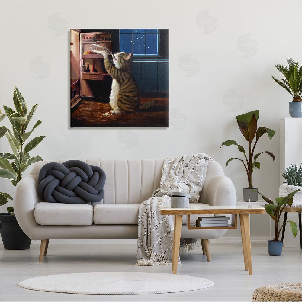 Lucia Heffernan Midnight Snack Cat Drinking Milk Kitchen Aquarius Symbol Canvas Wall Art in Room