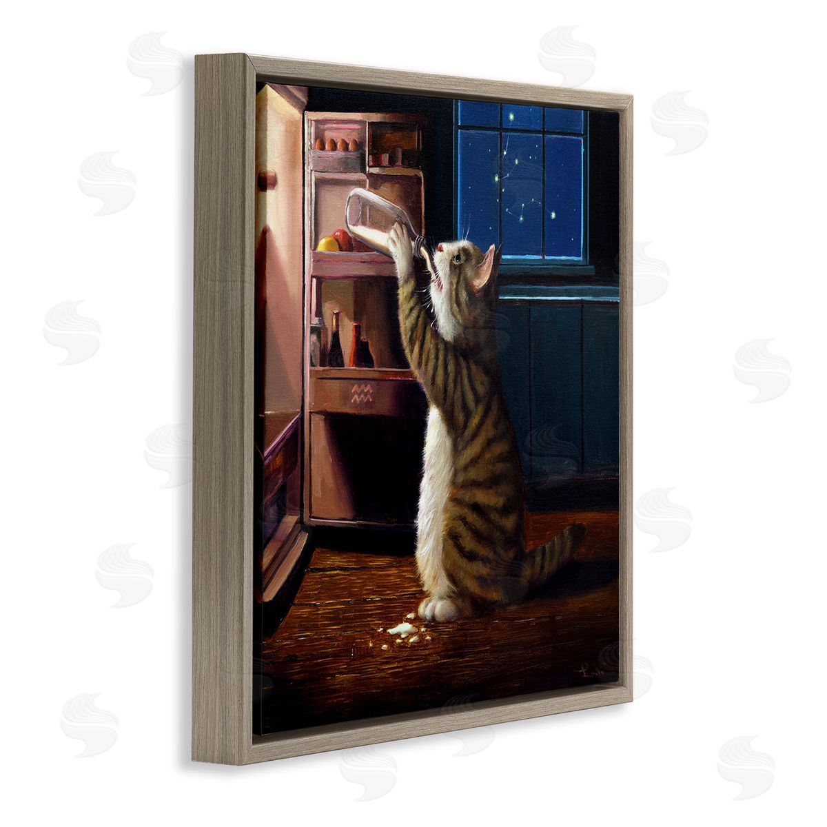 Lucia Heffernan Midnight Snack Cat Drinking Milk Kitchen Aquarius Symbol Brown Floating Frame Canvas Wall Art Print