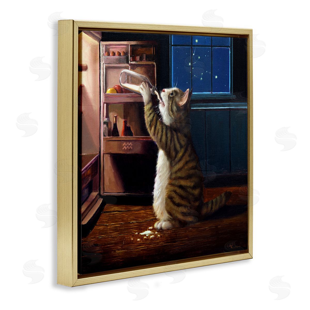 Lucia Heffernan Midnight Snack Cat Drinking Milk Kitchen Aquarius Symbol Gold Floating Frame Canvas Wall Art Print