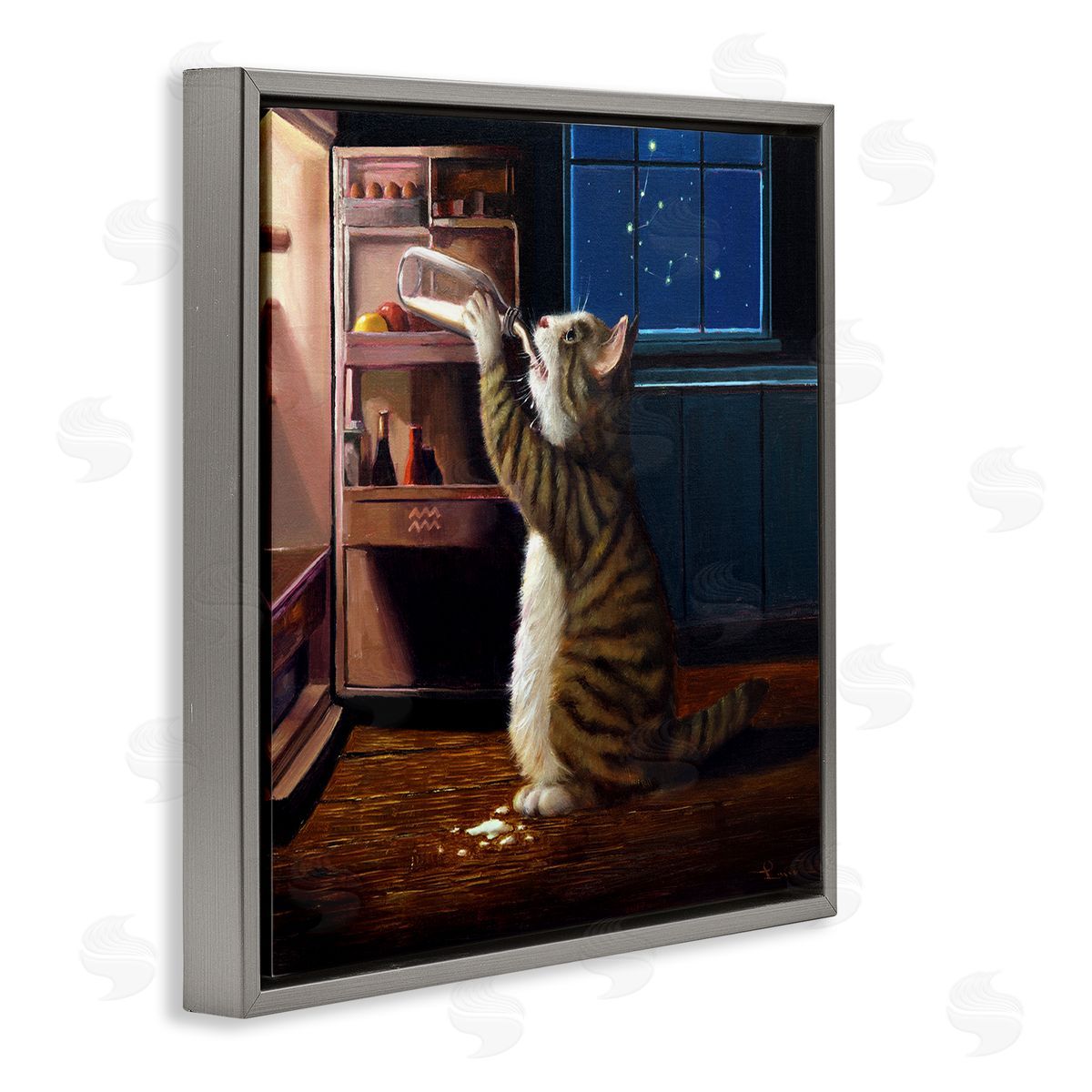 Lucia Heffernan Midnight Snack Cat Drinking Milk Kitchen Aquarius Symbol Gray Floating Frame Canvas Wall Art Print