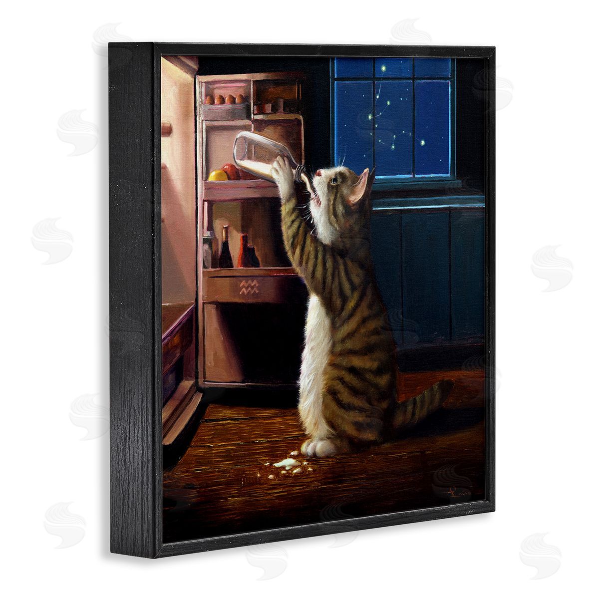 Lucia Heffernan Midnight Snack Cat Drinking Milk Kitchen Aquarius Symbol Black Framed Glicee Wall Art Print