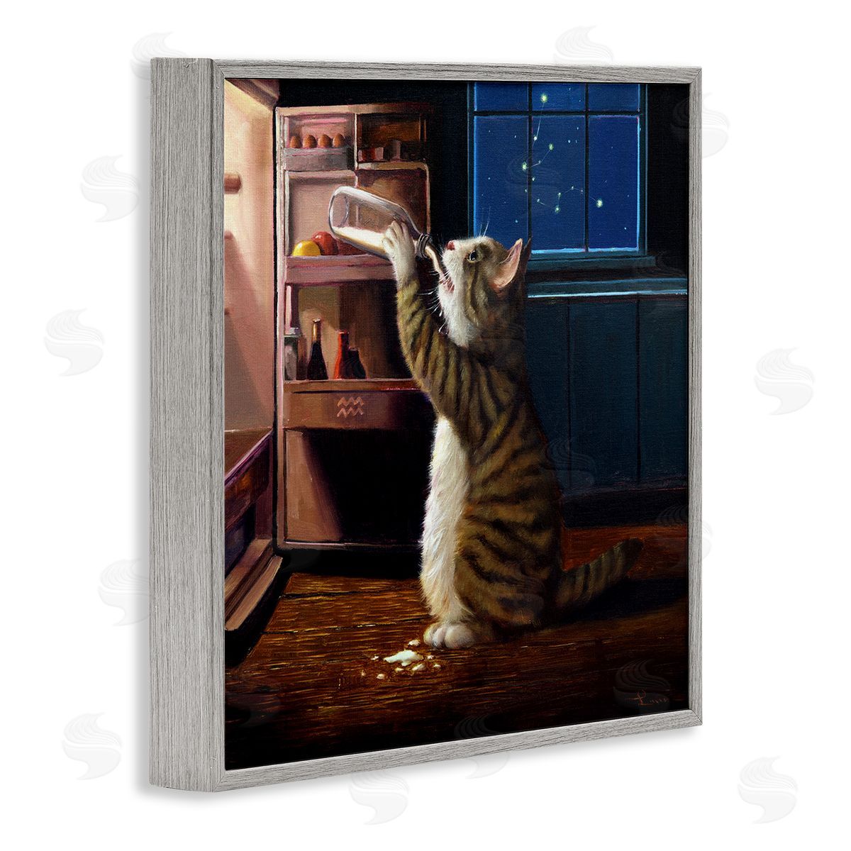 Lucia Heffernan Midnight Snack Cat Drinking Milk Kitchen Aquarius Symbol Gray Framed Glicee Wall Art Print
