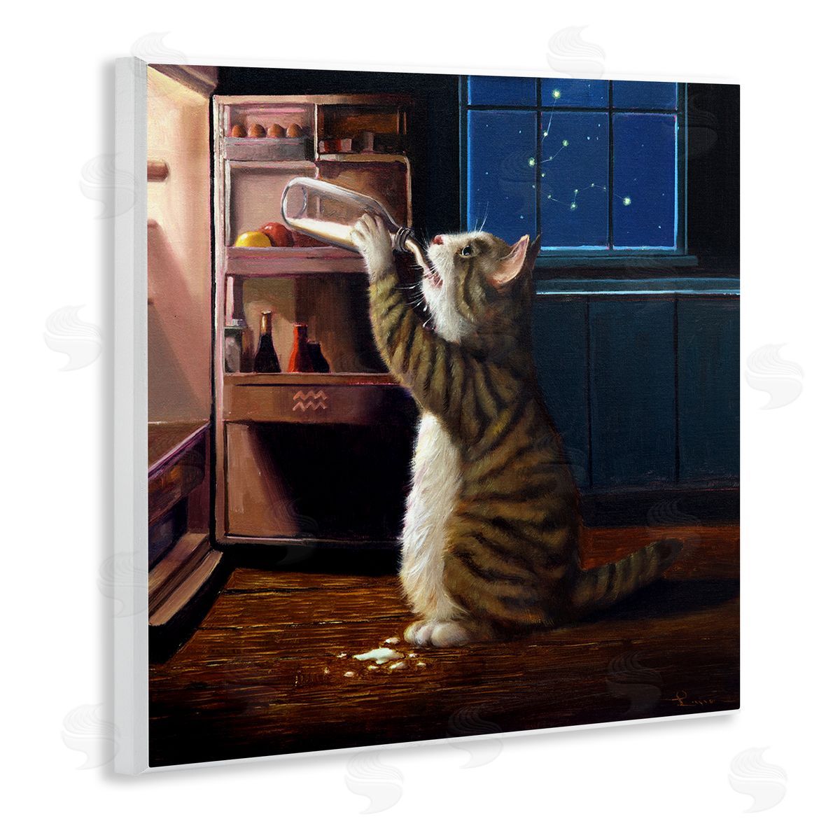 Lucia Heffernan Midnight Snack Cat Drinking Milk Kitchen Aquarius Symbol Wooden Wall Plaque Art Print