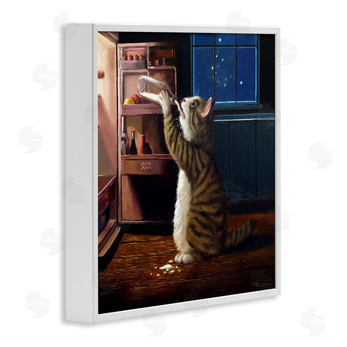 Lucia Heffernan Midnight Snack Cat Drinking Milk Kitchen Aquarius Symbol White Framed Glicee Wall Art Print