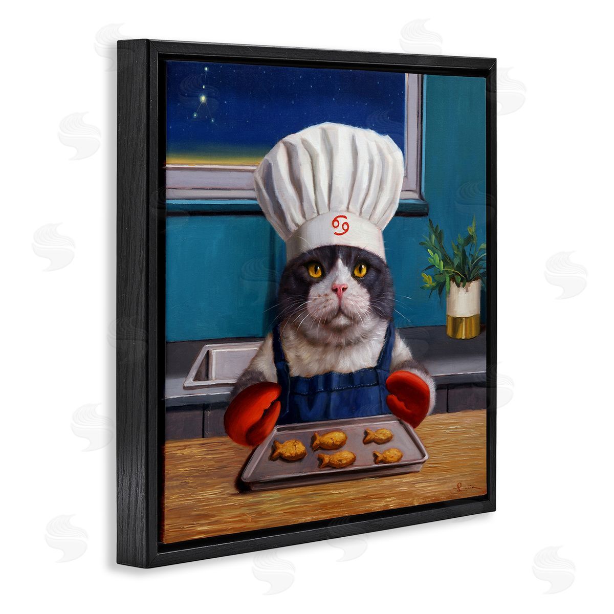 Lucia Heffernan Fresh Baked Fish Cookies Cat Chef Astrological Symbol Black Floating Frame Canvas Wall Art Print