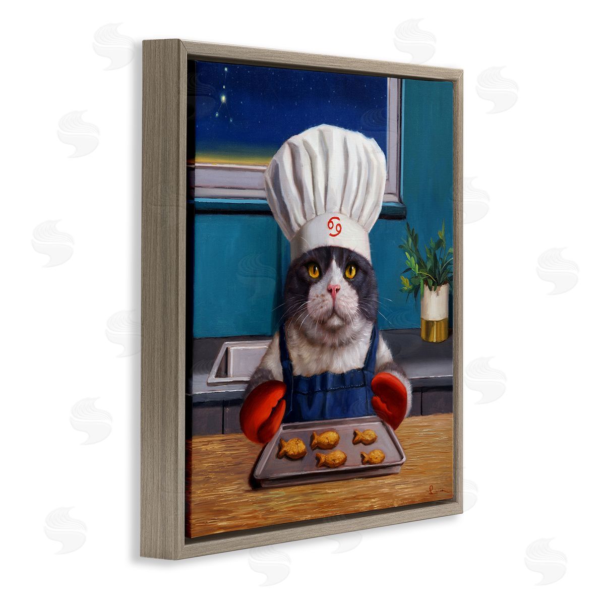 Lucia Heffernan Fresh Baked Fish Cookies Cat Chef Astrological Symbol Brown Floating Frame Canvas Wall Art Print