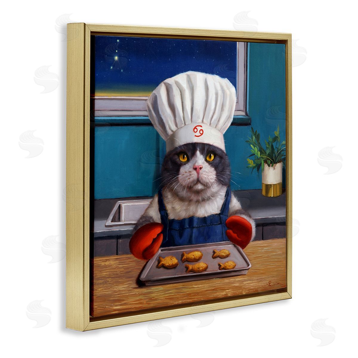Lucia Heffernan Fresh Baked Fish Cookies Cat Chef Astrological Symbol Gold Floating Frame Canvas Wall Art Print