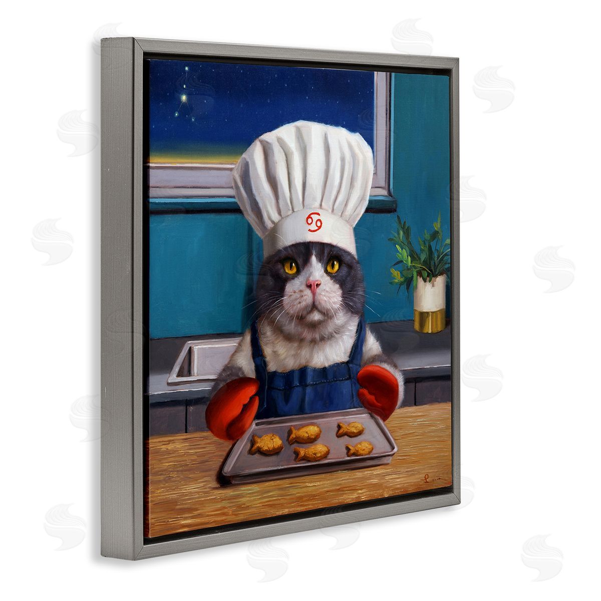 Lucia Heffernan Fresh Baked Fish Cookies Cat Chef Astrological Symbol Gray Floating Frame Canvas Wall Art Print