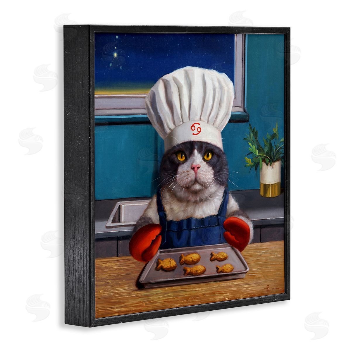 Lucia Heffernan Fresh Baked Fish Cookies Cat Chef Astrological Symbol Black Framed Glicee Wall Art Print