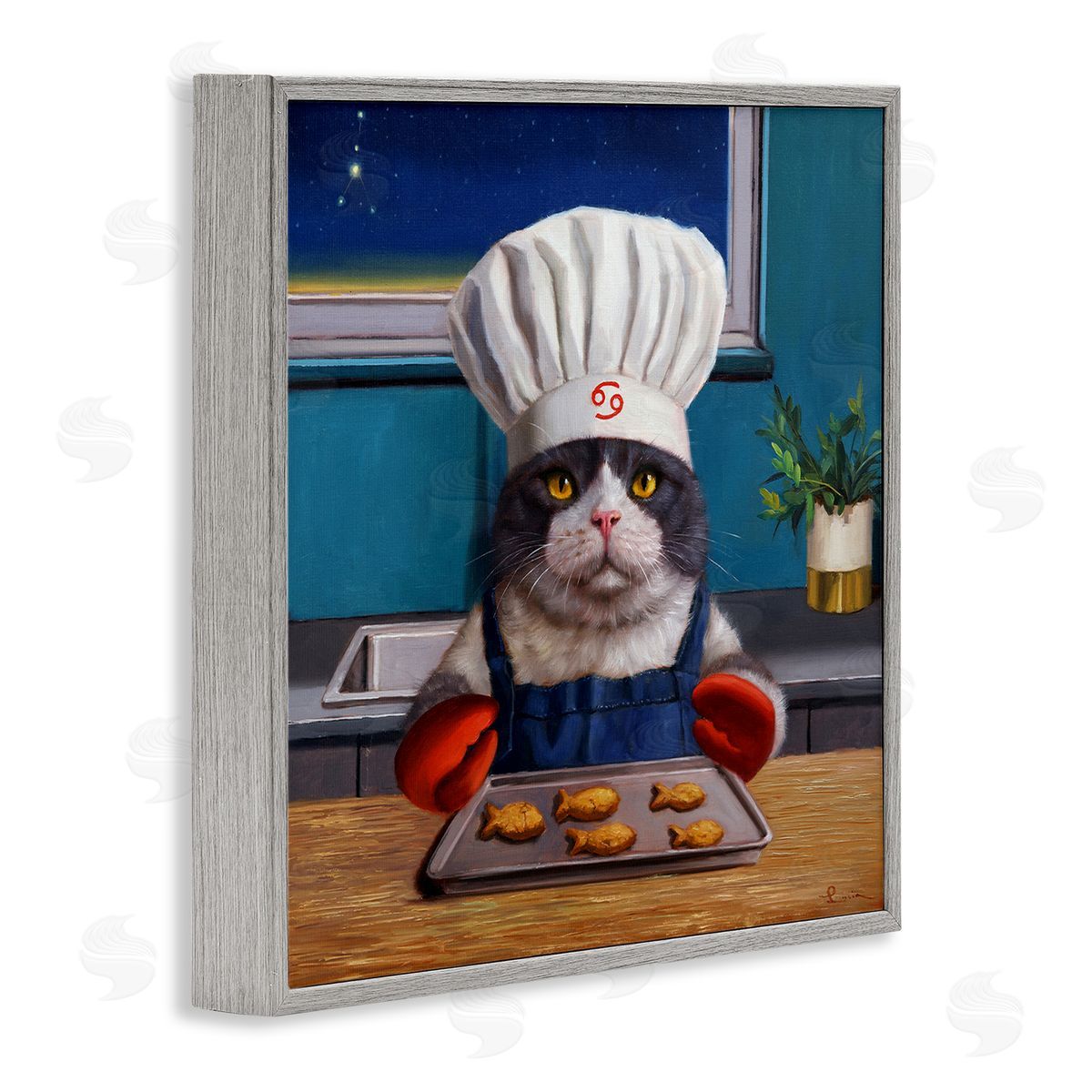 Lucia Heffernan Fresh Baked Fish Cookies Cat Chef Astrological Symbol Gray Framed Glicee Wall Art Print