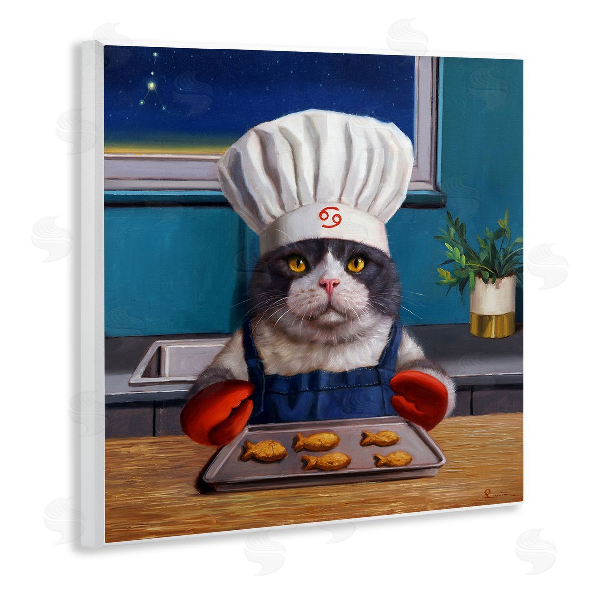Lucia Heffernan Fresh Baked Fish Cookies Cat Chef Astrological Symbol Wooden Wall Plaque Art Print
