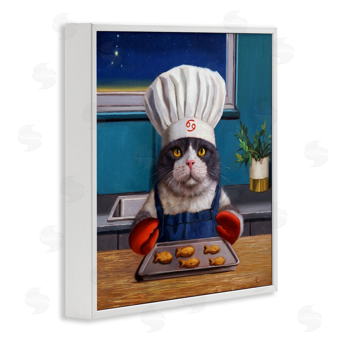 Lucia Heffernan Fresh Baked Fish Cookies Cat Chef Astrological Symbol White Framed Glicee Wall Art Print