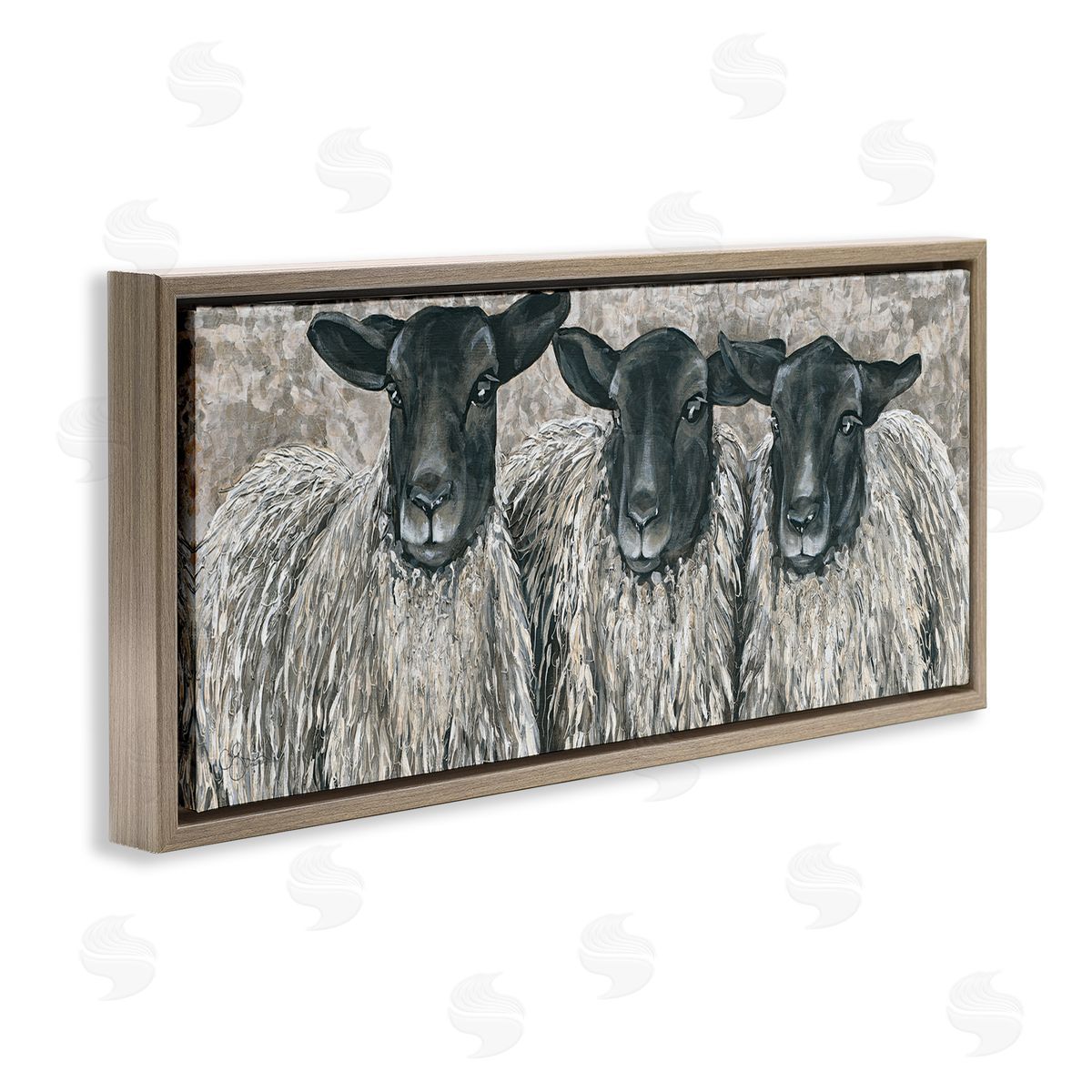 Three Sheep Trio Portrait Brown Floating Frame Canvas Wall Art, Home Decor by Hollihocks Art