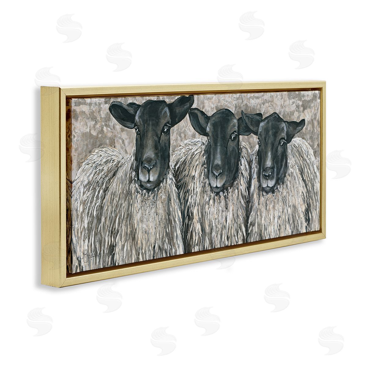 Three Sheep Trio Portrait Gold Floating Frame Canvas Wall Art, Home Decor by Hollihocks Art