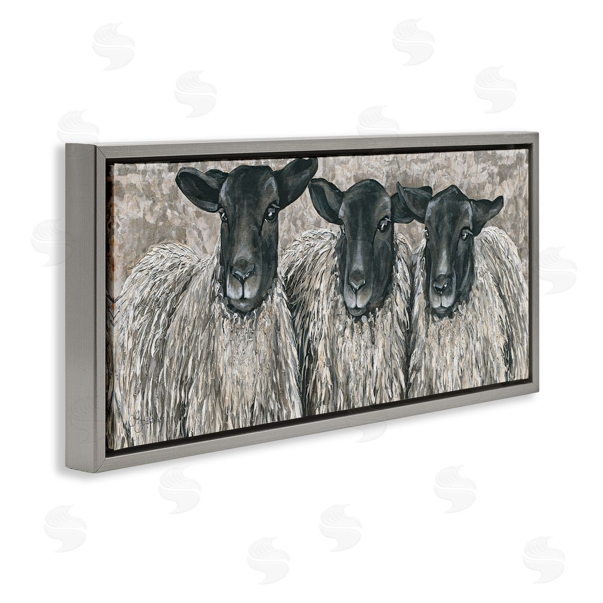 Three Sheep Trio Portrait Grey Floating Frame Canvas Wall Art, Home Decor by Hollihocks Art