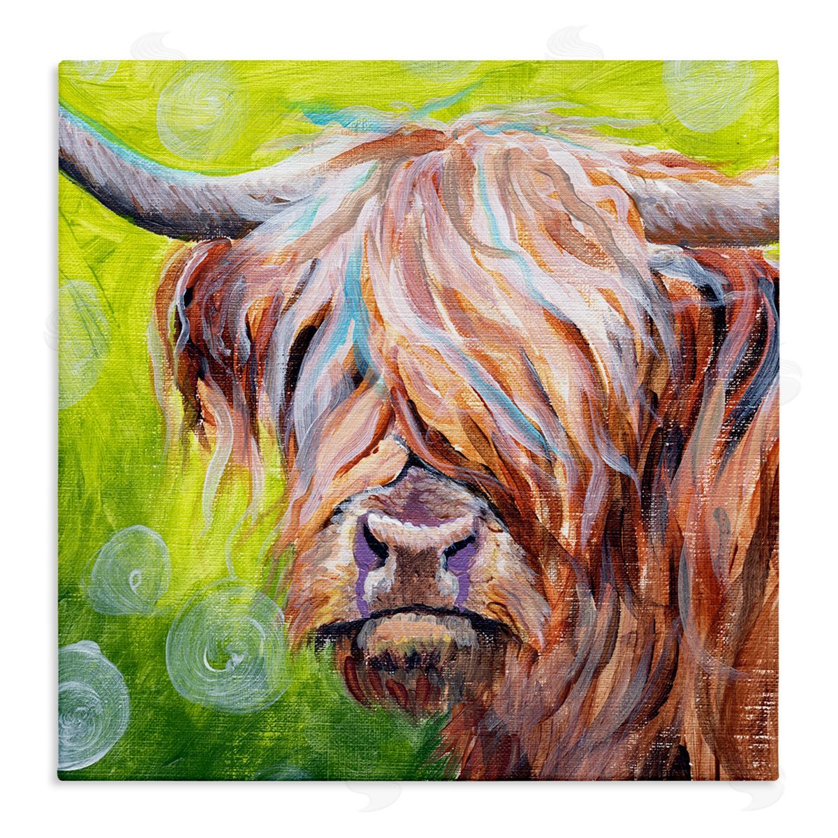 Jennifer Redstreake Vivid Highland Cattle Rural Farmland Animal Painting Stretched Canvas Wall Art Print