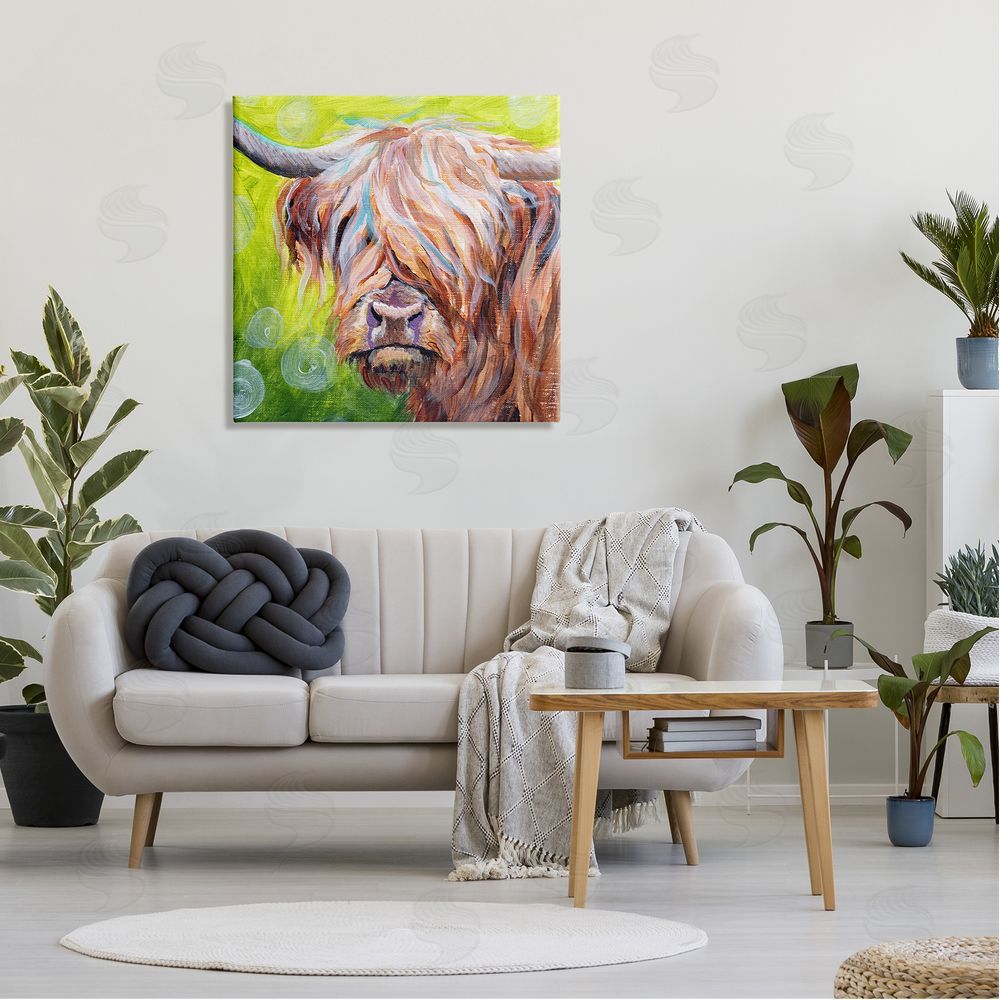 Jennifer Redstreake Vivid Highland Cattle Rural Farmland Animal Painting Canvas Wall Art in Room