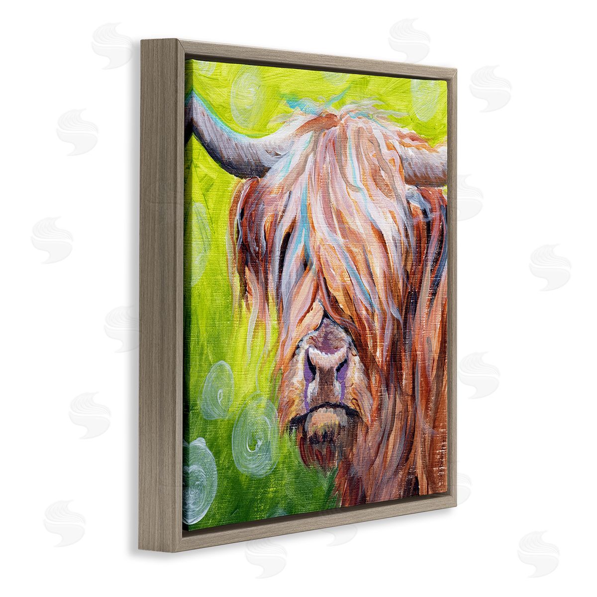 Jennifer Redstreake Vivid Highland Cattle Rural Farmland Animal Painting Brown Floating Frame Canvas Wall Art Print