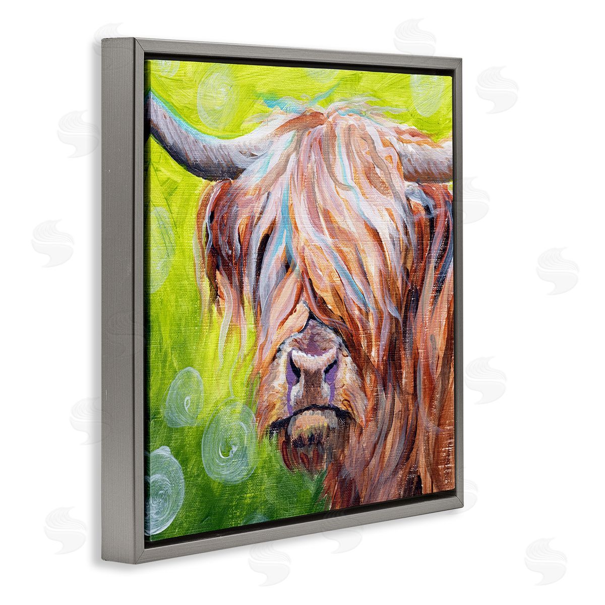 Jennifer Redstreake Vivid Highland Cattle Rural Farmland Animal Painting Gray Floating Frame Canvas Wall Art Print