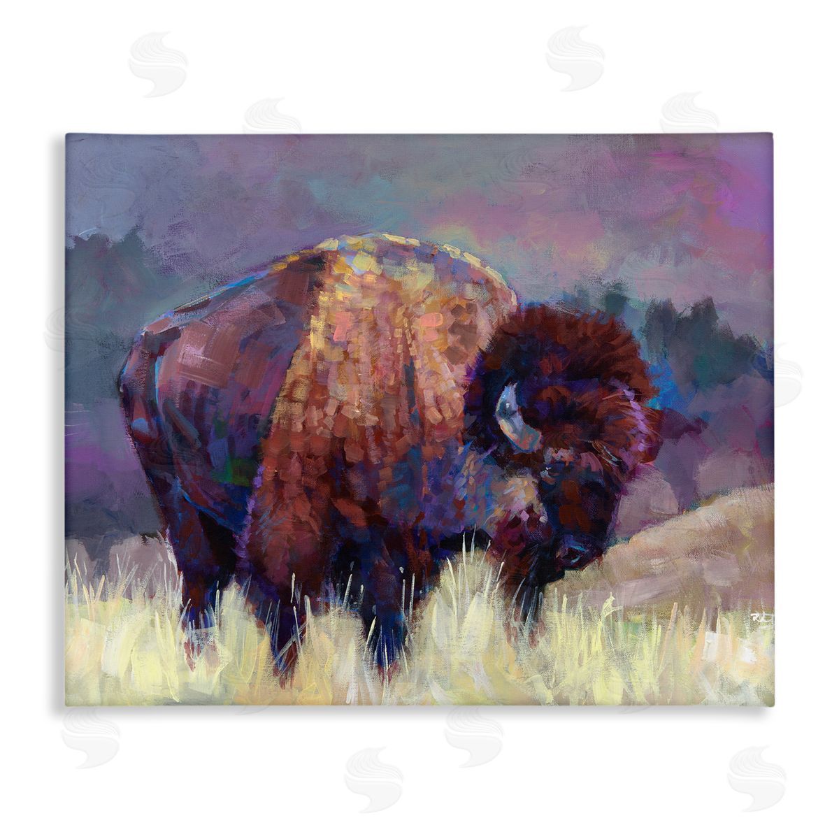 Robert Jackson Vibrant Bison Grazing Rural Meadow Purple Landscape Stretched Canvas Wall Art Print