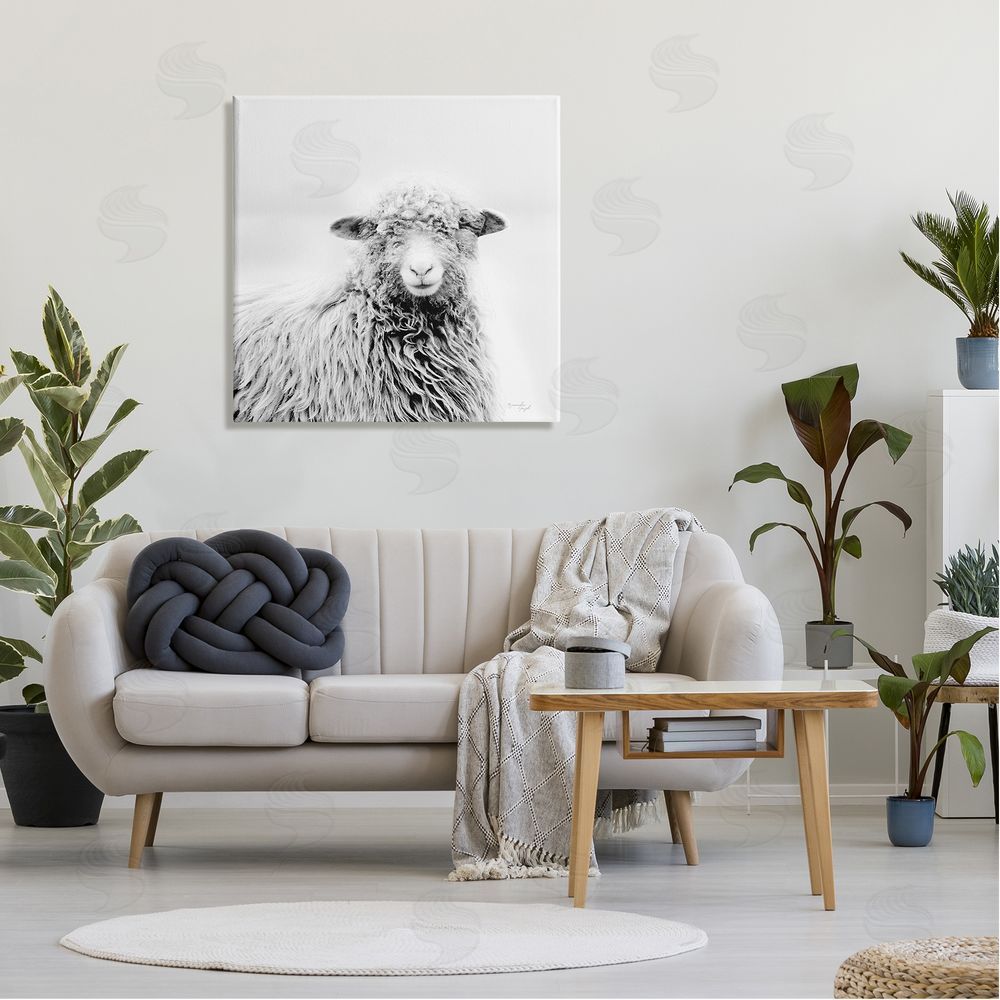 Jennifer Pugh Smiling Sheep Face Monochrome Farm Portrait Canvas Wall Art in Room
