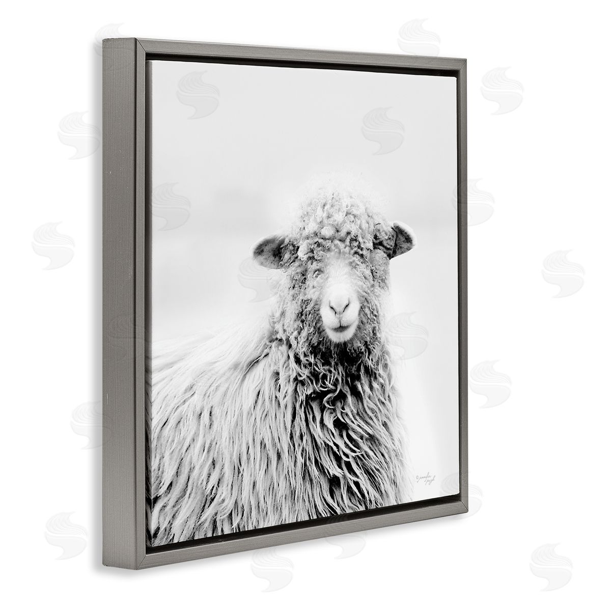 Jennifer Pugh Smiling Sheep Face Monochrome Farm Portrait Gray Floating Frame Canvas Wall Art Print