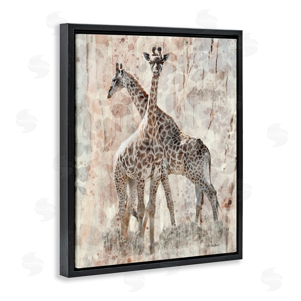 Pat Cockrell Towering Giraffes Pair Overlay Spotted Pattern Black Floating Frame Canvas Wall Art Print