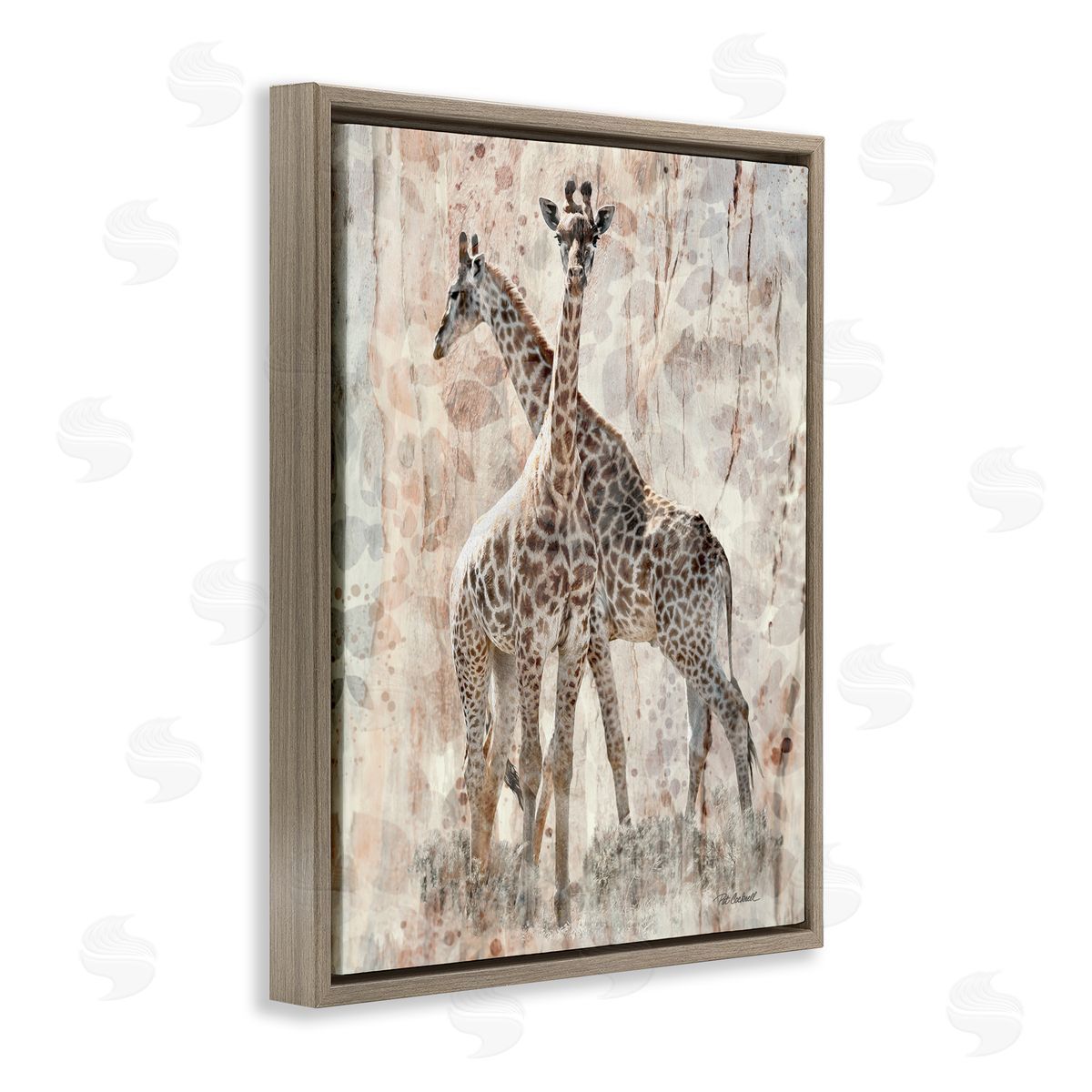 Pat Cockrell Towering Giraffes Pair Overlay Spotted Pattern Brown Floating Frame Canvas Wall Art Print