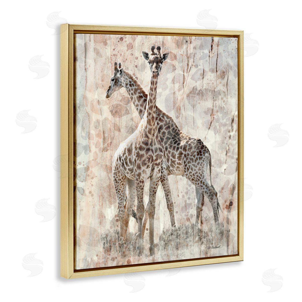 Pat Cockrell Towering Giraffes Pair Overlay Spotted Pattern Gold Floating Frame Canvas Wall Art Print