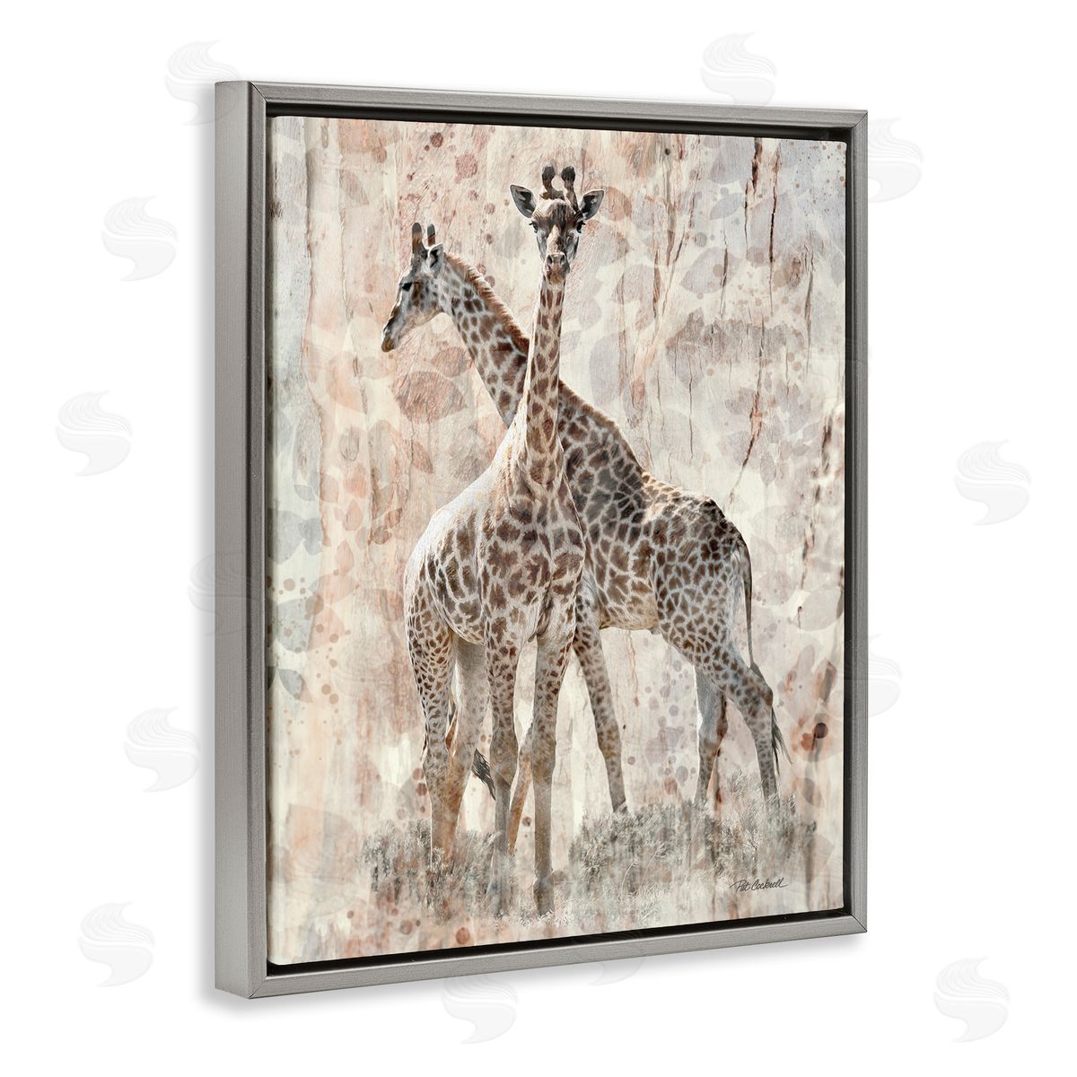 Pat Cockrell Towering Giraffes Pair Overlay Spotted Pattern Gray Floating Frame Canvas Wall Art Print
