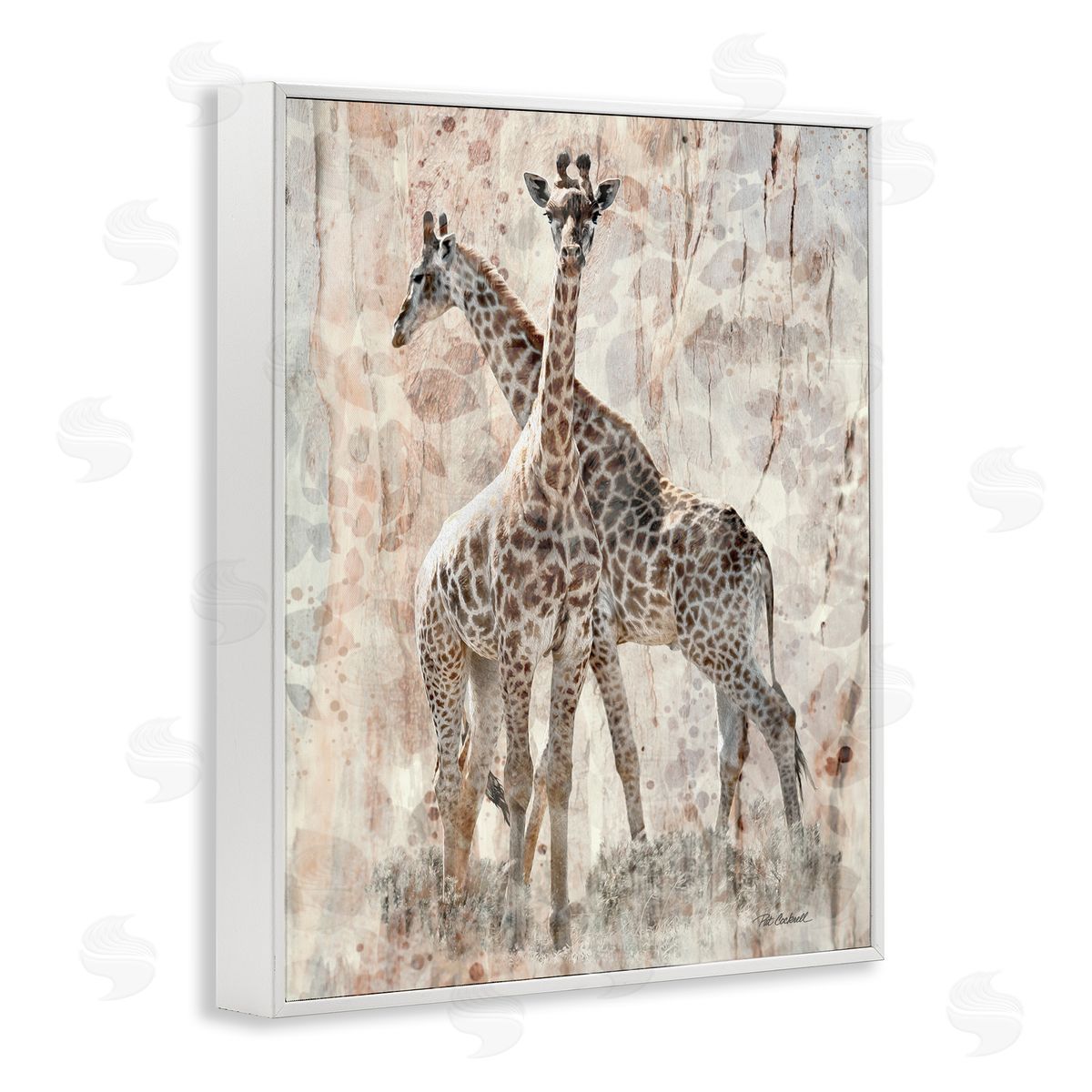 Pat Cockrell Towering Giraffes Pair Overlay Spotted Pattern White Framed Giclee Wall Art Print