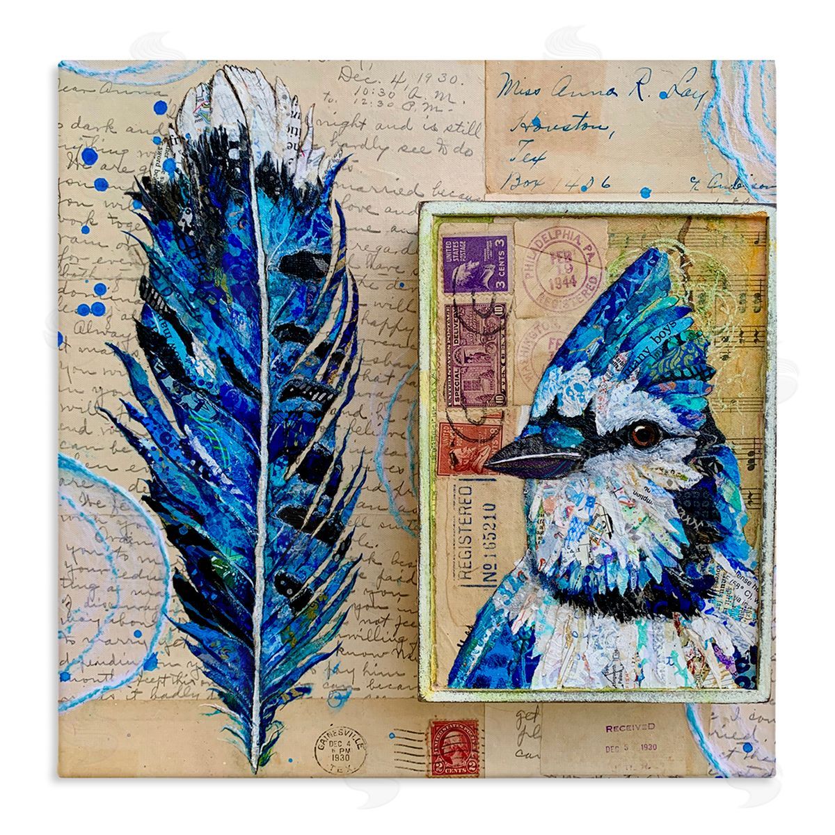 Lisa Morales Blue Jay Collaged Ephemera Feather Bird Painting Stretched Canvas Wall Art Print