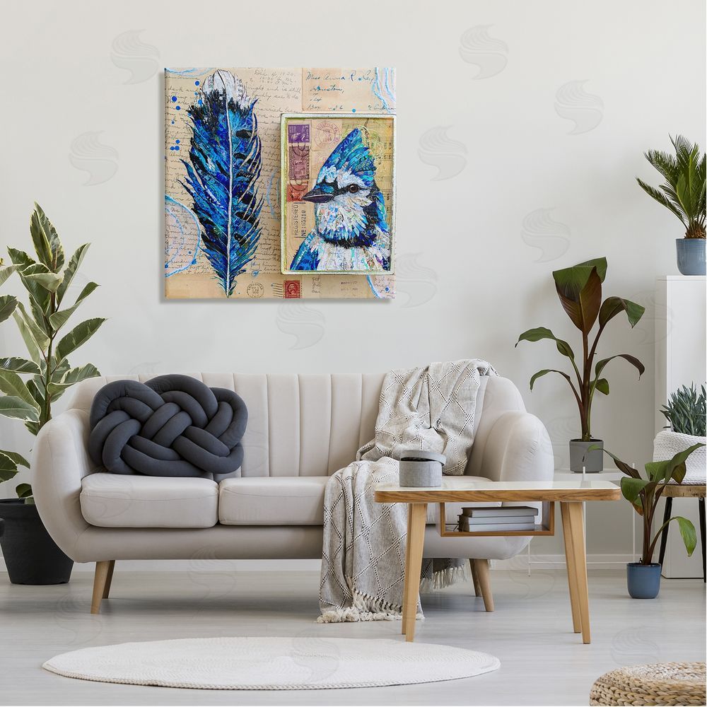 Lisa Morales Blue Jay Collaged Ephemera Feather Bird Painting Canvas Wall Art in Room