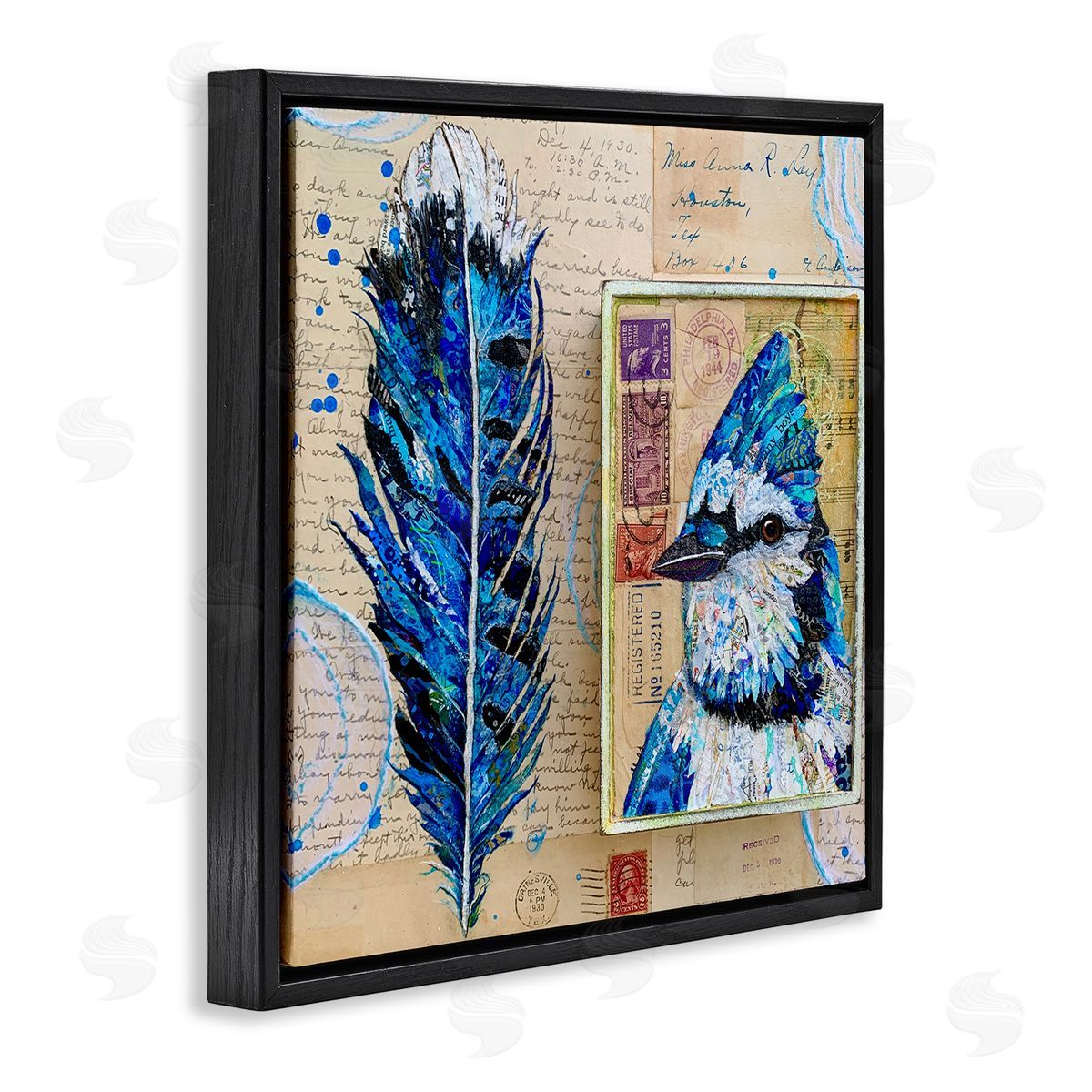 Lisa Morales Blue Jay Collaged Ephemera Feather Bird Painting Black Floating Frame Canvas Wall Art Print