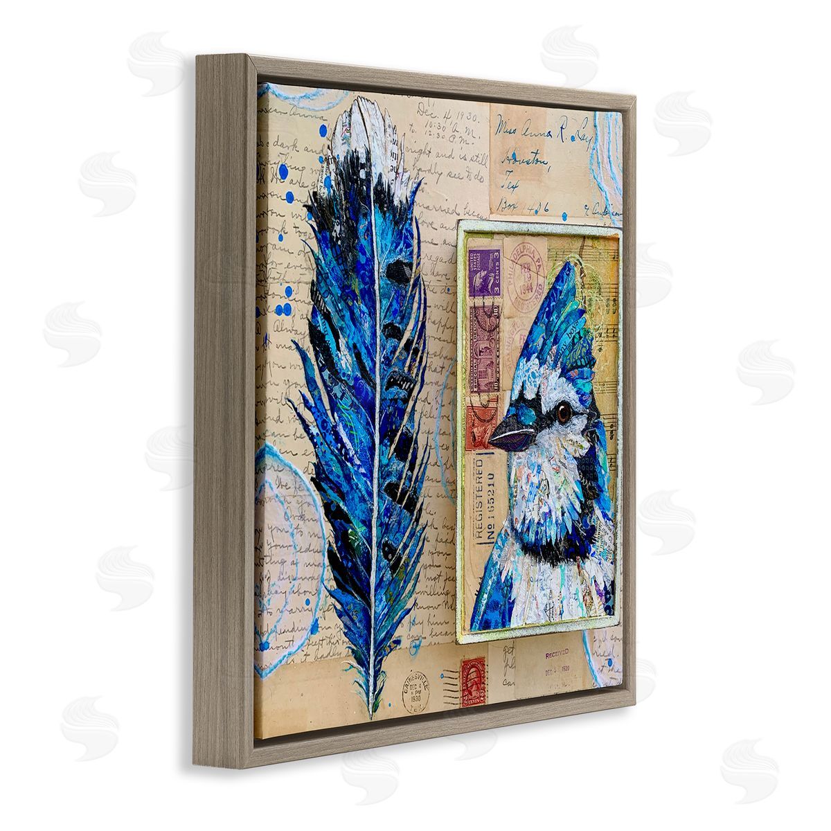 Lisa Morales Blue Jay Collaged Ephemera Feather Bird Painting Brown Floating Frame Canvas Wall Art Print