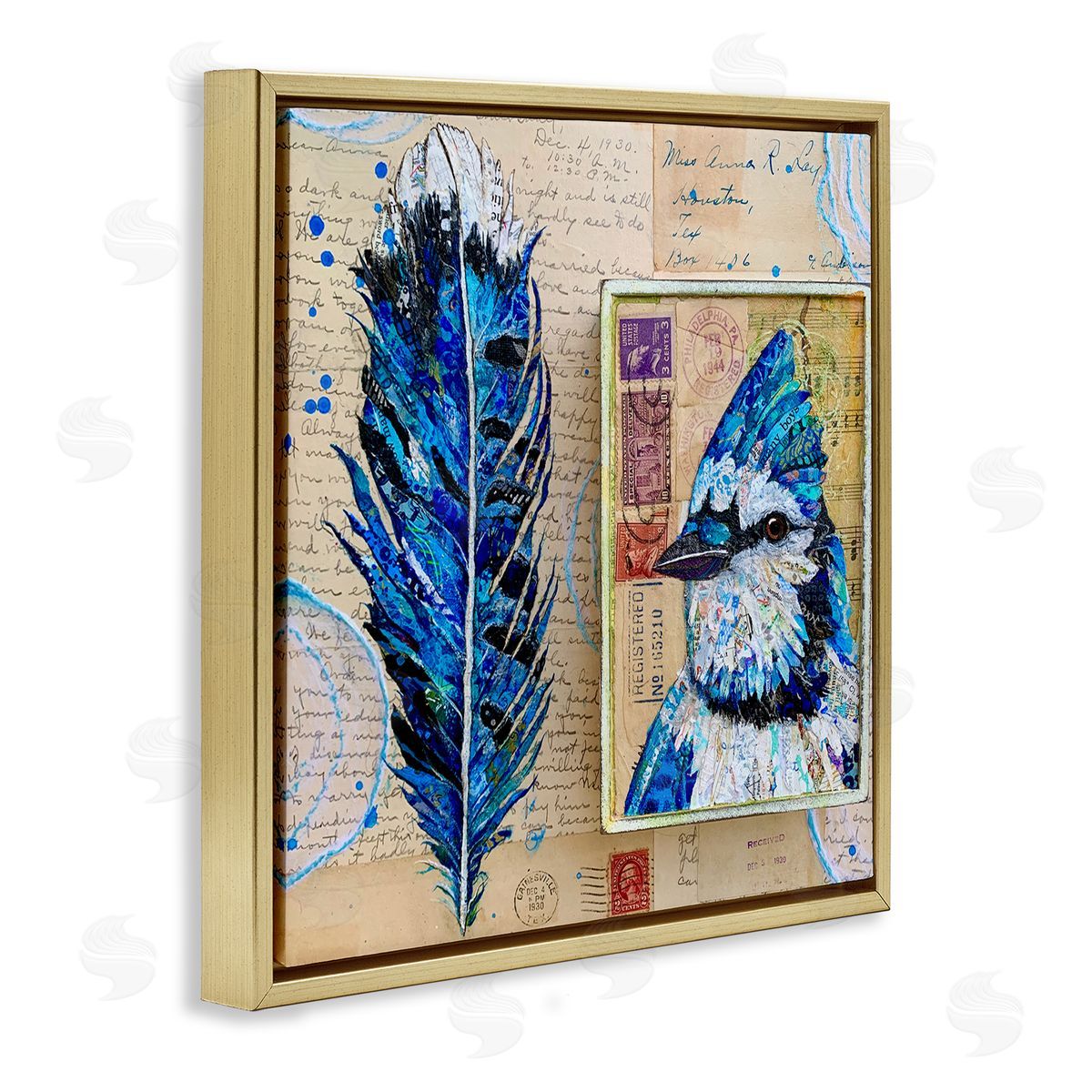 Lisa Morales Blue Jay Collaged Ephemera Feather Bird Painting Gold Floating Frame Canvas Wall Art Print