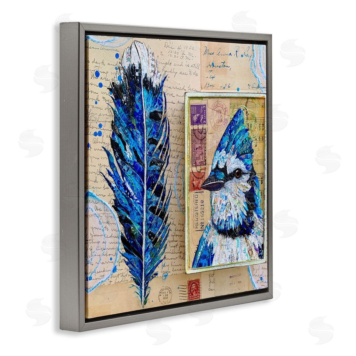 Lisa Morales Blue Jay Collaged Ephemera Feather Bird Painting Gray Floating Frame Canvas Wall Art Print