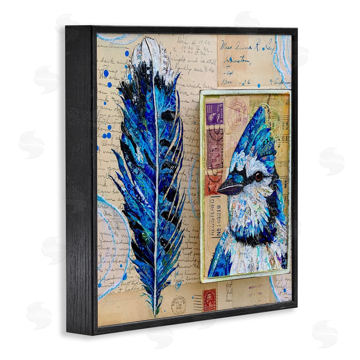 Lisa Morales Blue Jay Collaged Ephemera Feather Bird Painting Black Framed Glicee Wall Art Print