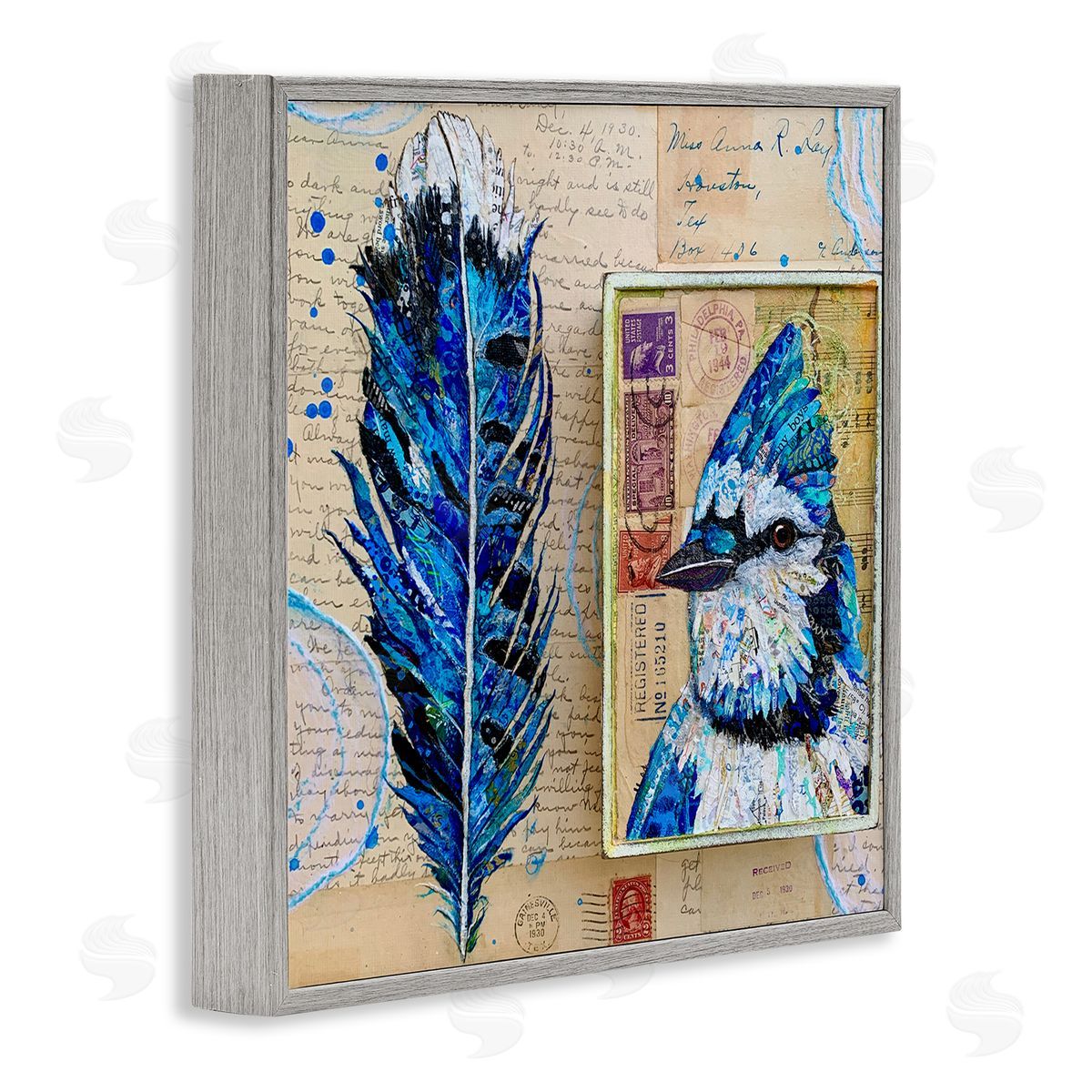 Lisa Morales Blue Jay Collaged Ephemera Feather Bird Painting Gray Framed Glicee Wall Art Print