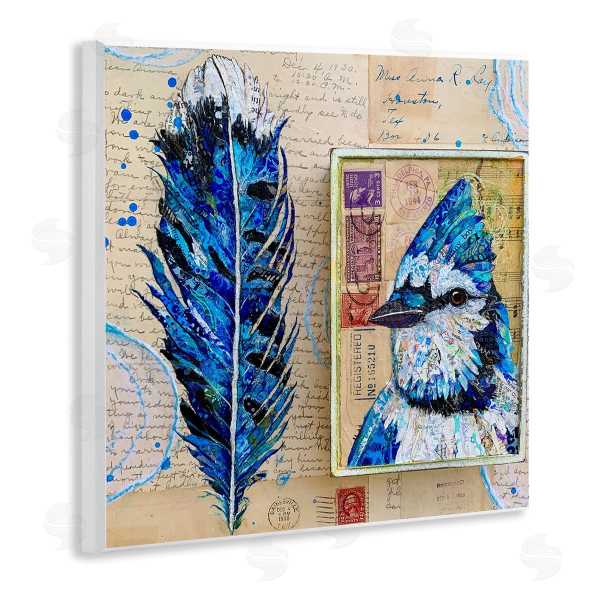 Lisa Morales Blue Jay Collaged Ephemera Feather Bird Painting Wooden Wall Plaque Art Print