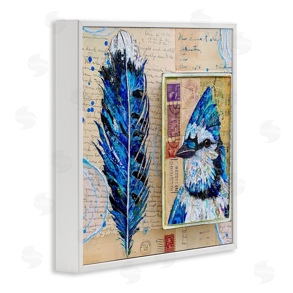 Lisa Morales Blue Jay Collaged Ephemera Feather Bird Painting White Framed Glicee Wall Art Print