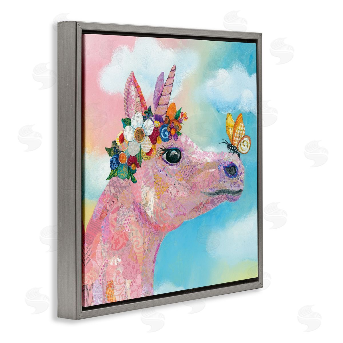 Lisa Morales Butterfly Kisses Pink Fantasy Unicorn Flower Blossoms Gray Floating Frame Canvas Wall Art Print
