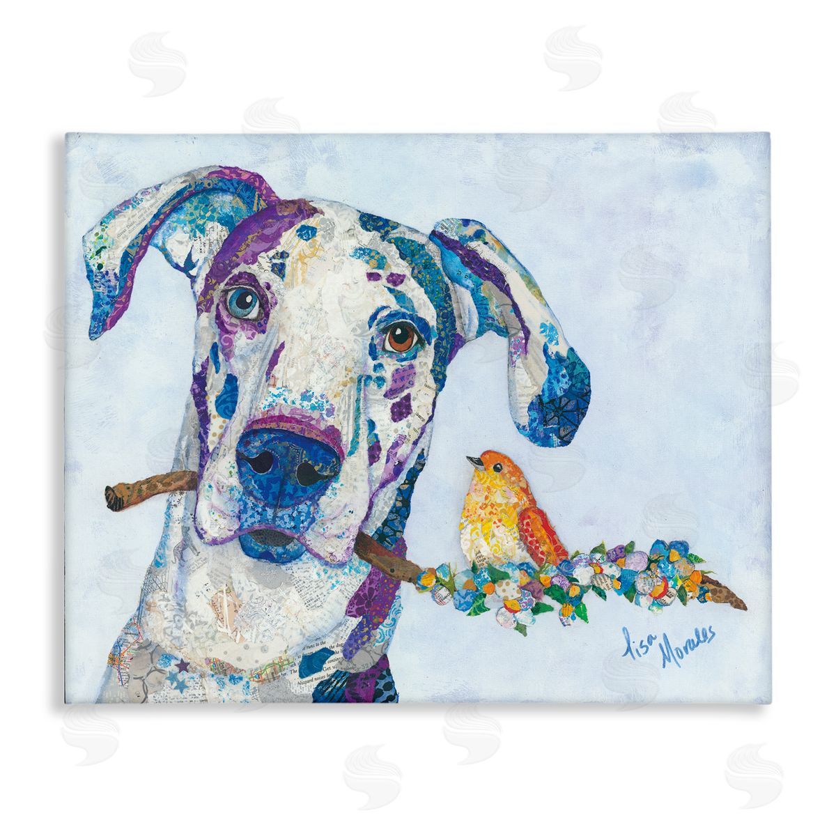 Lisa Morales Dane & Songbird Perched Branch Floral Dog  Stretched Canvas Wall Art Print
