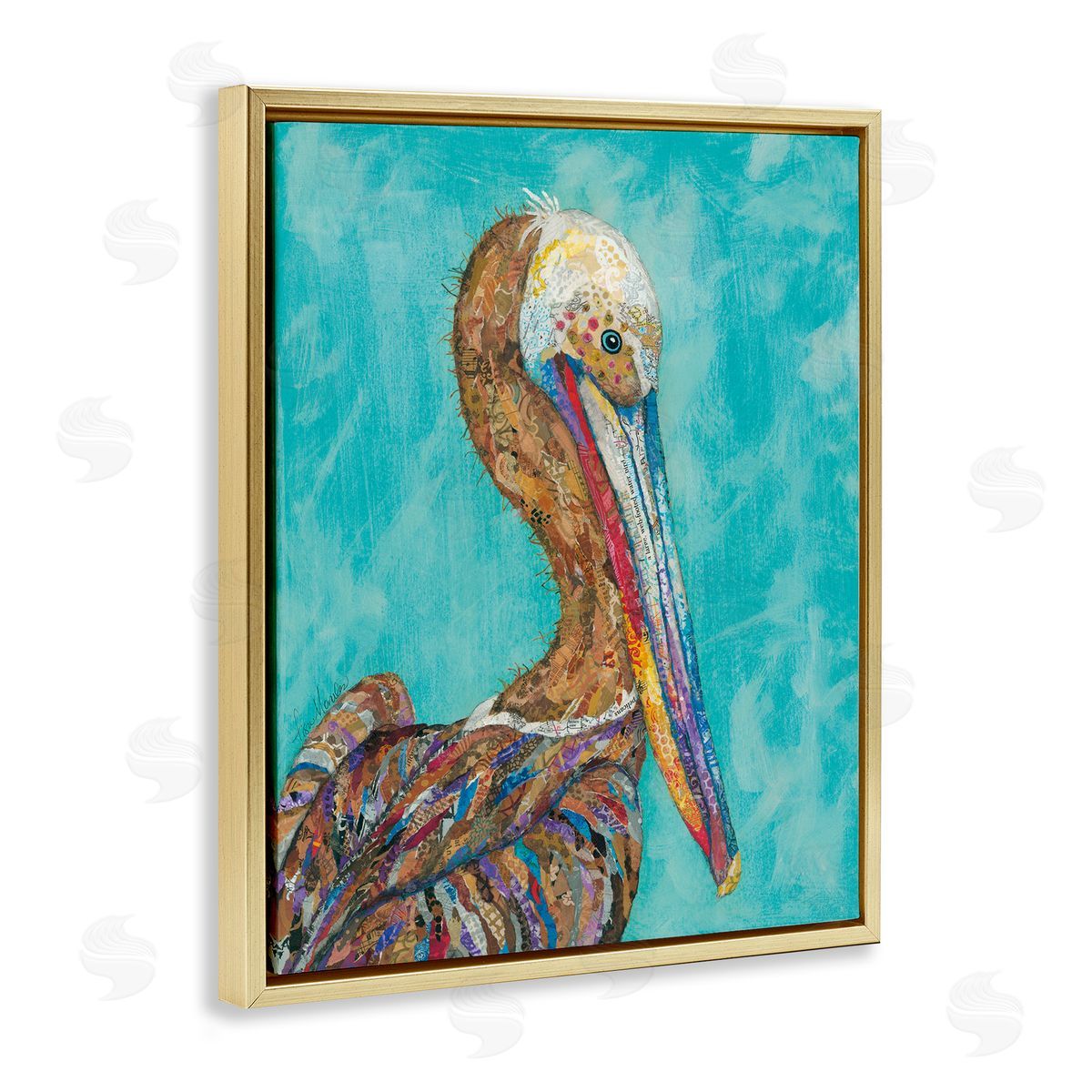 Lisa Morales Beautiful Pelican Bird Vivid d Patterns Gold Floating Frame Canvas Wall Art Print